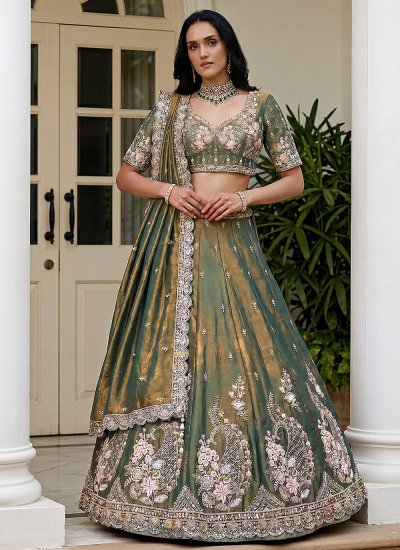 Beads Tissue A Line Lehenga Choli in Green Colour