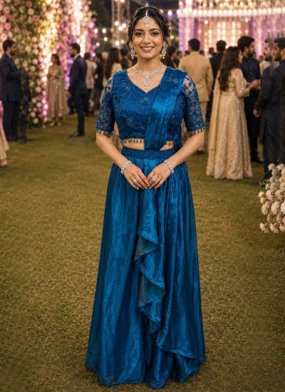 Beauteous Blue Satin Classic Saree