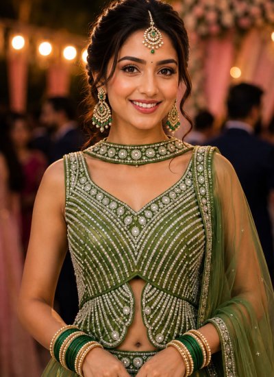 
                            Beauteous Green Moti Fandy Designer Lehenga Choli
