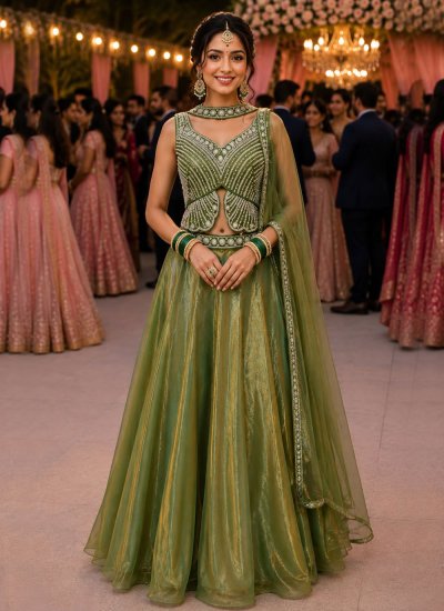Beauteous Green Moti Fandy Designer Lehenga Choli