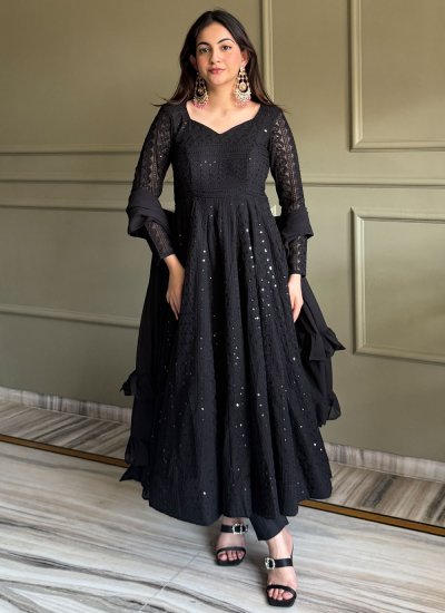 Bedazzling Sequins Faux Georgette Black Anarkali Salwar Kameez