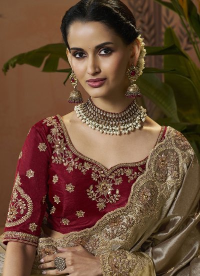 
                            Beige and Gold Color Contemporary Saree