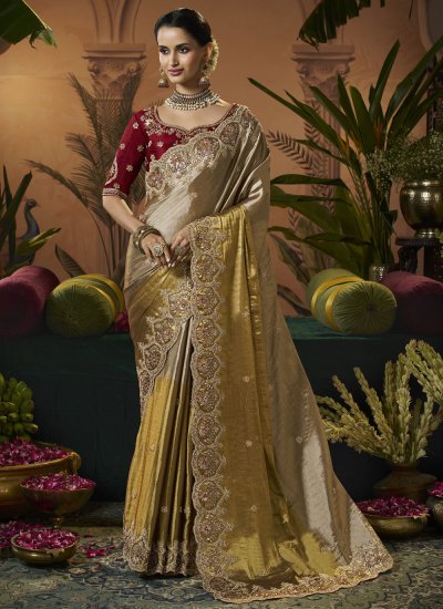 Beige and Gold Color Contemporary Saree