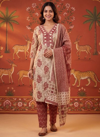 Beige Cotton Printed Salwar Kameez