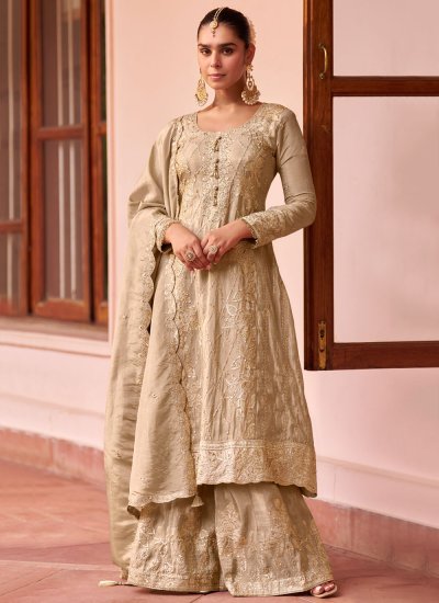 Beige Engagement Silk Palazzo Salwar Kameez