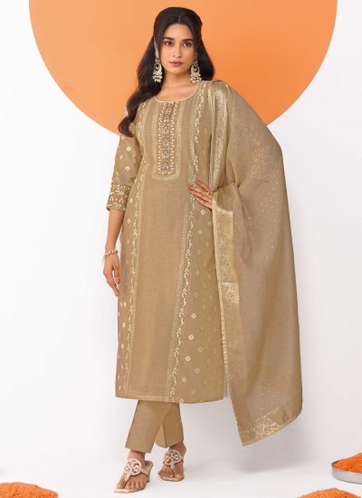 Beige Silk Blend Embroidered Readymade Salwar Suit