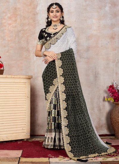 Black and Grey Georgette Embroidered Trendy Saree