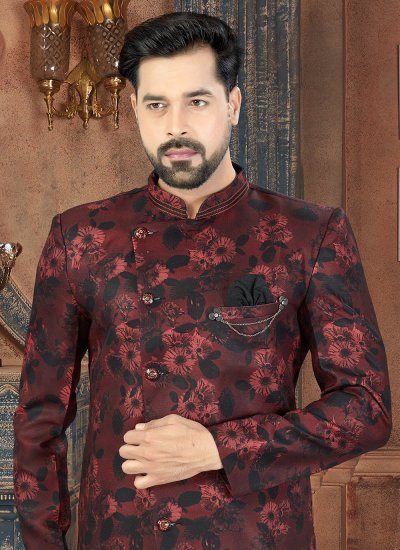 
                            Black and Maroon Jacquard Reception Indo Western