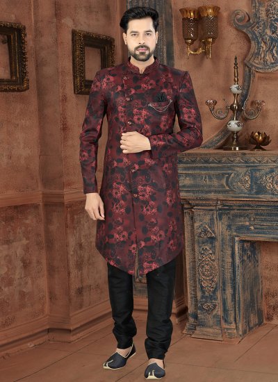 Black and Maroon Jacquard Reception Indo Western
