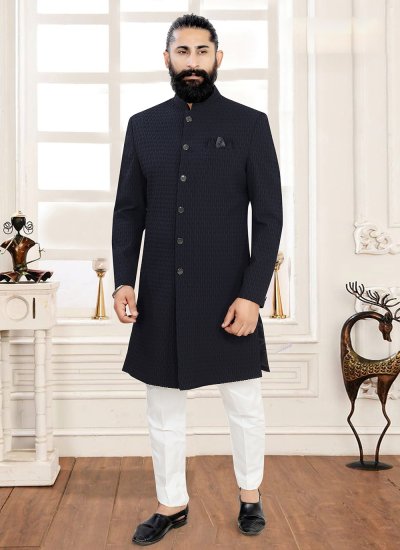 Black Buttons Jacquard Indo Western