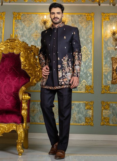 Black Embroidered Fancy Fabric Jodhpuri Suit