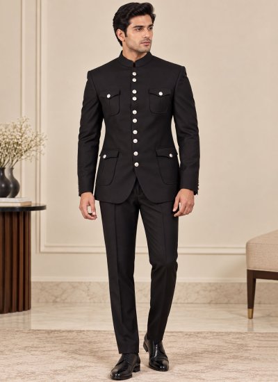 Black Plain Terry Rayon Jodhpuri Suit