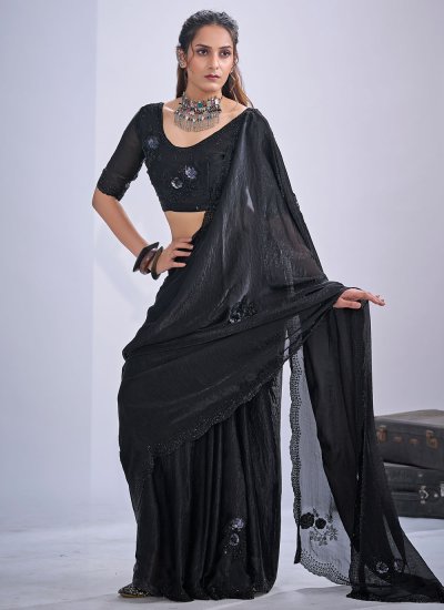 Black Satin Silk Engagement Classic Saree