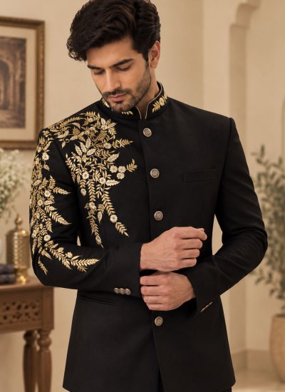 
                            Black Terry Rayon Embroidered Jodhpuri Suit