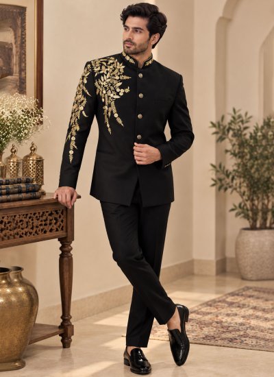 Black Terry Rayon Embroidered Jodhpuri Suit