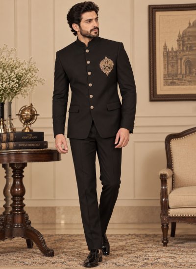 Black Terry Rayon Embroidered Jodhpuri Suit