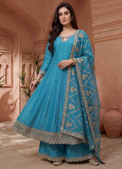 Blissful Silk Aqua Blue Readymade Salwar Kameez