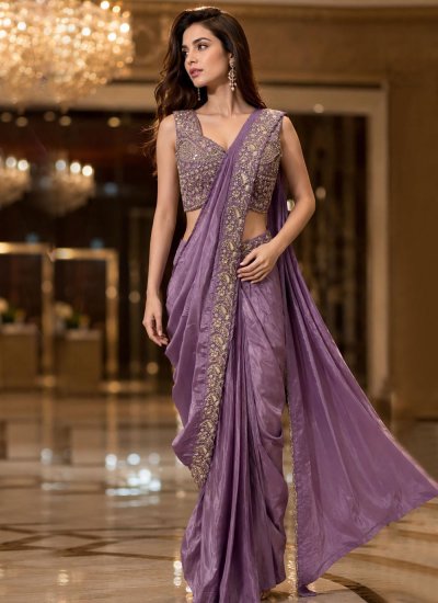 Blooming Beads Lavender Chinon Contemporary Saree