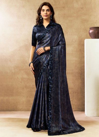 Blue Abstract Print Contemporary Saree