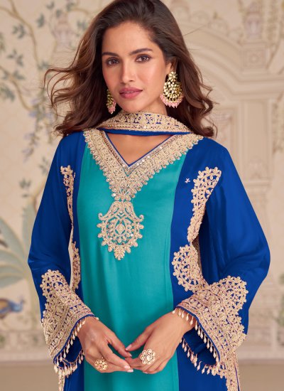
                            Blue and Sea Green Embroidered Ceremonial Salwar Kameez