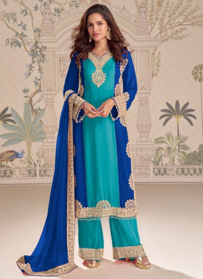 Blue and Sea Green Embroidered Ceremonial Salwar Kameez