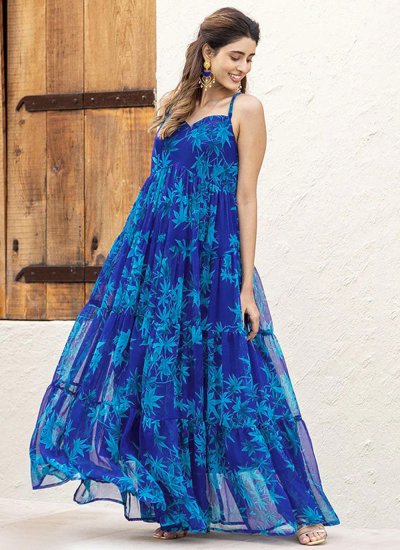 Blue Digital Print Faux Georgette Readymade Gown