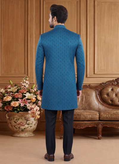 
                            Blue Jacquard Buttons Indo Western