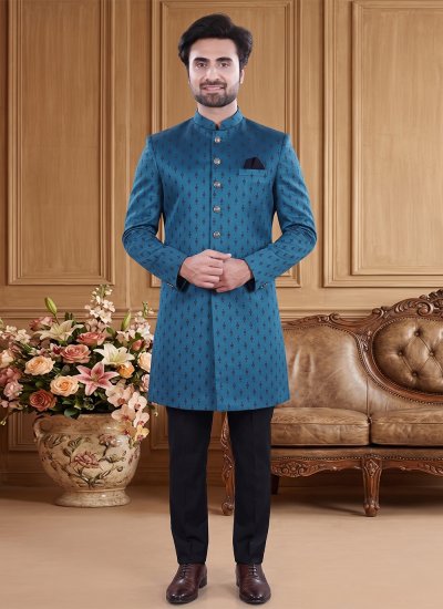 Blue Jacquard Buttons Indo Western