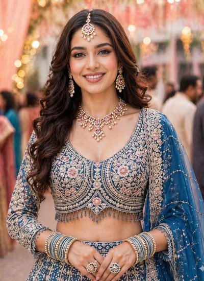 
                            Blue Resham Net A Line Lehenga Choli