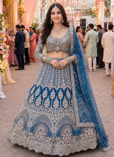 Blue Resham Net A Line Lehenga Choli