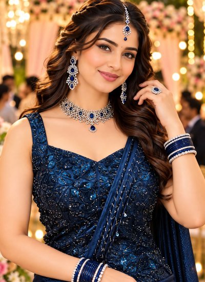 
                            Blue Satin Contemporary Saree