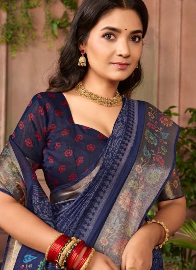 
                            Blue Silk Printed Saree