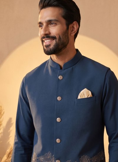 
                            Blue Silk Wedding Kurta Payjama With Jacket