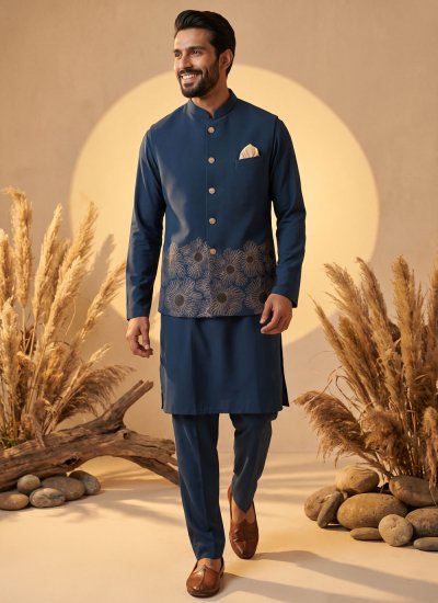 Blue Silk Wedding Kurta Payjama With Jacket