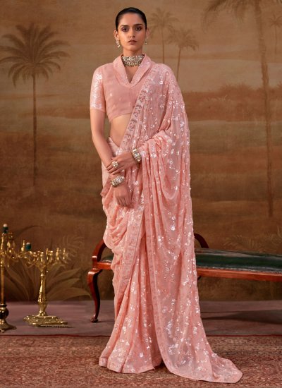 Breathtaking Georgette Peach Sequins Classic Saree