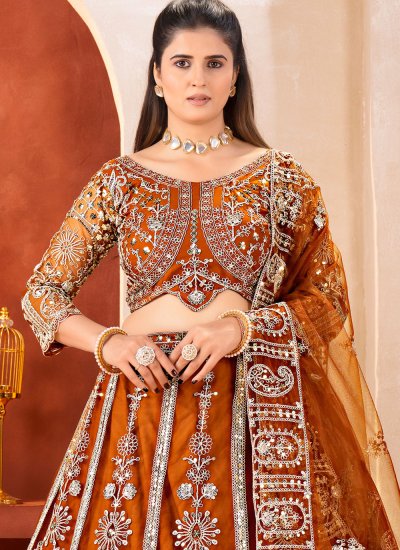 
                            Brown Net Embroidered Designer Lehenga Choli