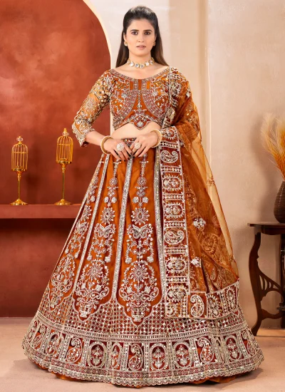 Brown Net Embroidered Designer Lehenga Choli