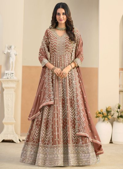 Brown Resham Faux Georgette Salwar Kameez