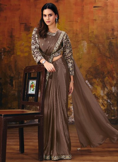 
                            Brown Satin Embroidered Contemporary Saree