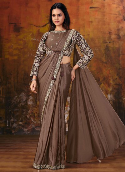 Brown Satin Embroidered Contemporary Saree