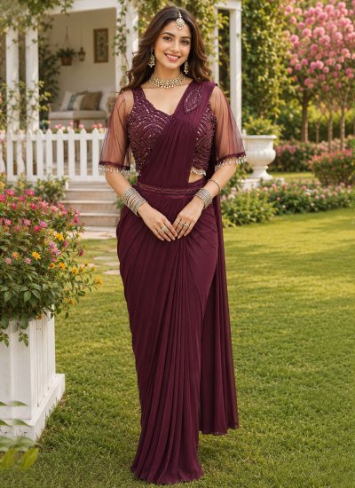 Burgundy Embroidered Lycra Contemporary Saree