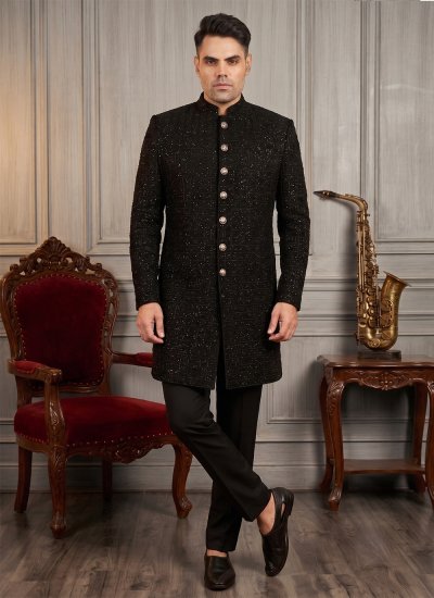 Buttons Velvet Indo Western in Black Colour