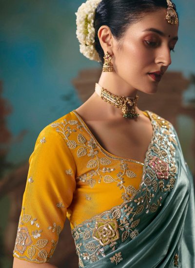 
                            Capricious Thread Work Sea Green Fancy Fabric Classic Saree