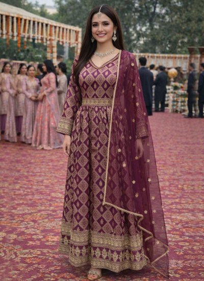 Captivating Jacquard Silk Purple Embroidered Designer Gown