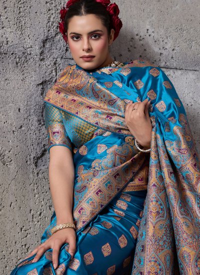 
                            Celestial Satin Silk Weaving Teal Traditional Saree