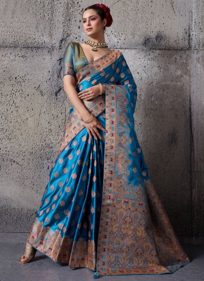Celestial Satin Silk Weaving Teal Traditional Saree