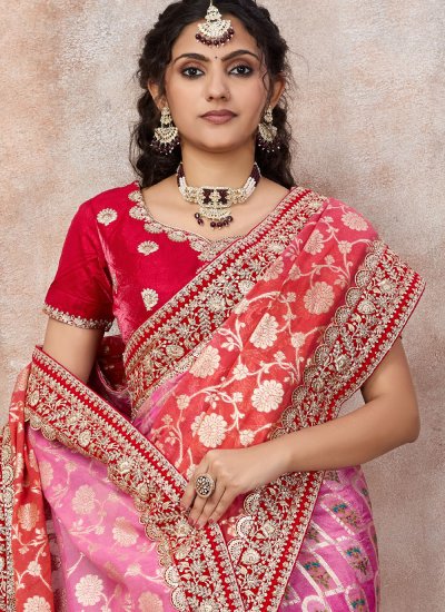 
                            Chanderi Embroidered Pink and Red Classic Saree