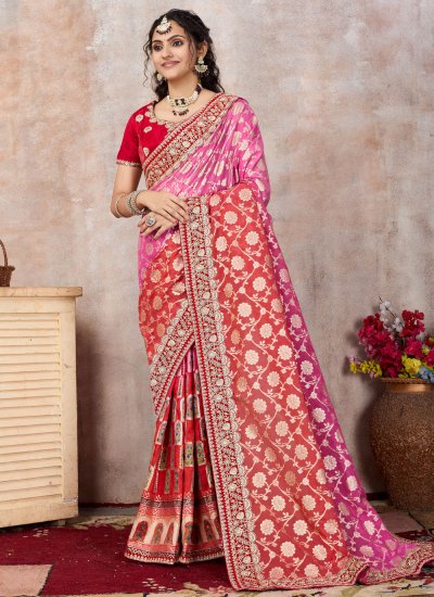 Chanderi Embroidered Pink and Red Classic Saree