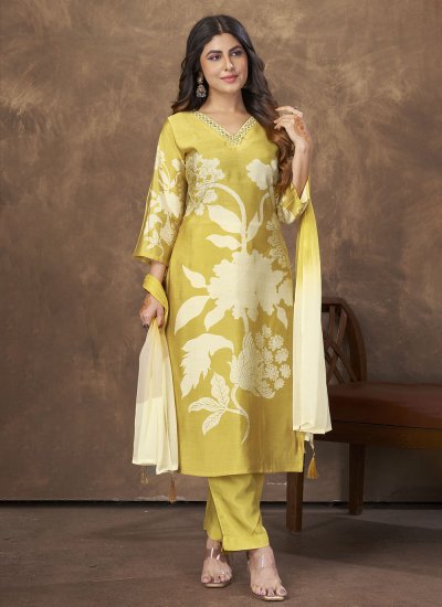 Chanderi Printed Salwar Kameez in Mustard