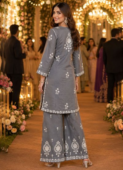 
                            Chanderi Silk Grey Embroidered Palazzo Salwar Kameez